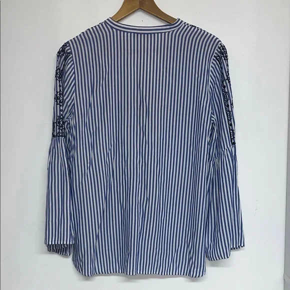 LOFT Sz MED Flowy Striped Embroidered V-Neck Peasant Blouse Bell Sleeve #boho - Picture 7 of 9